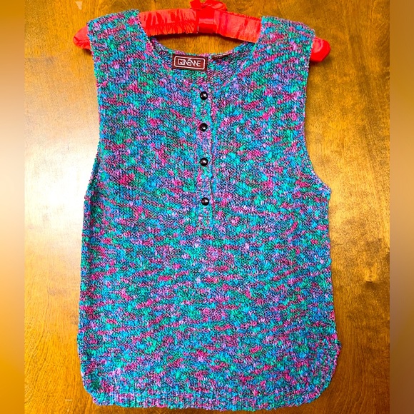 Vtg Ginénne Knit Sweater Vest Button up Sleeveless 80s Multicolor Women’s Large - Picture 1 of 8